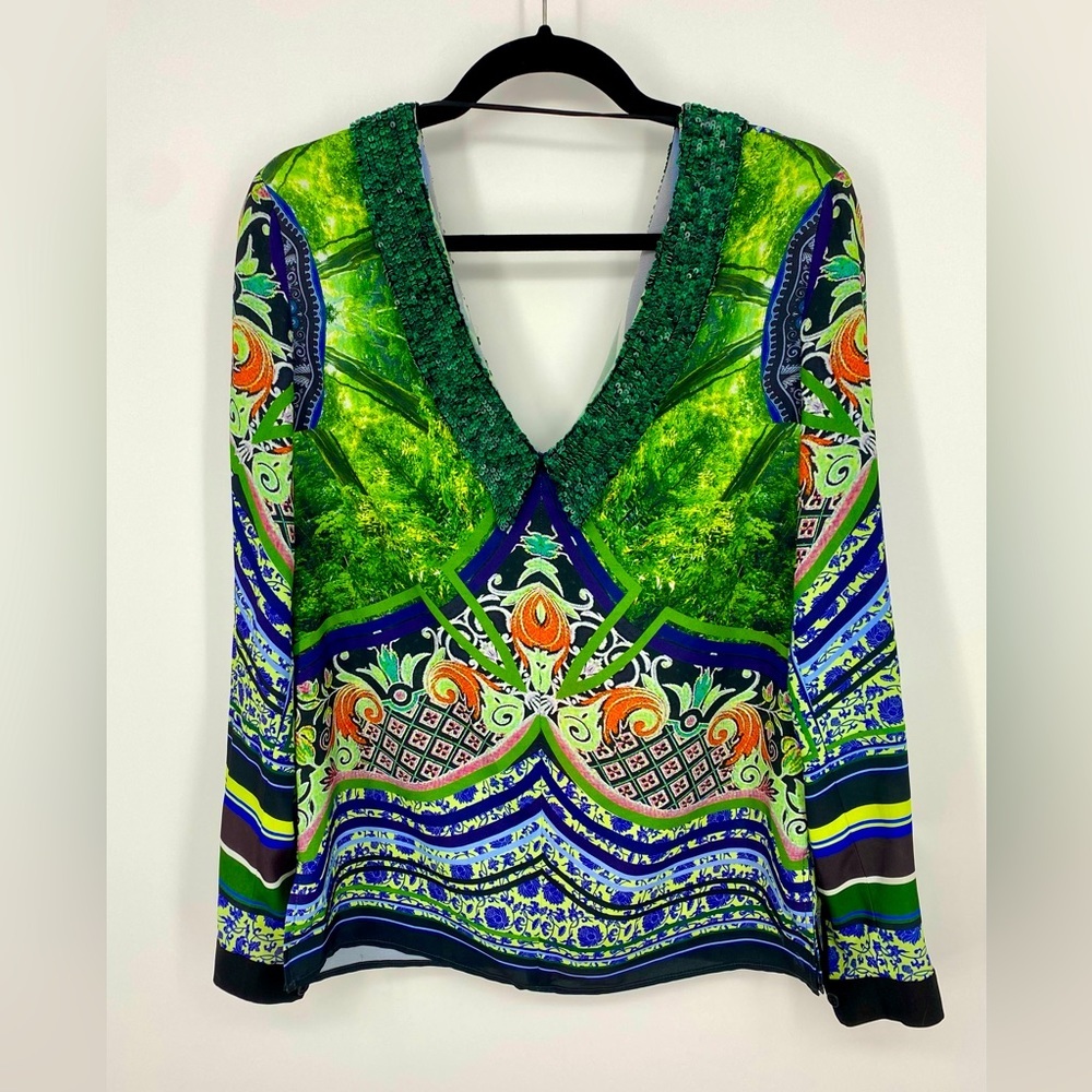 Clover Canyon Blouse Deep V Front and Back Dressy Colorful Sexy Playful …